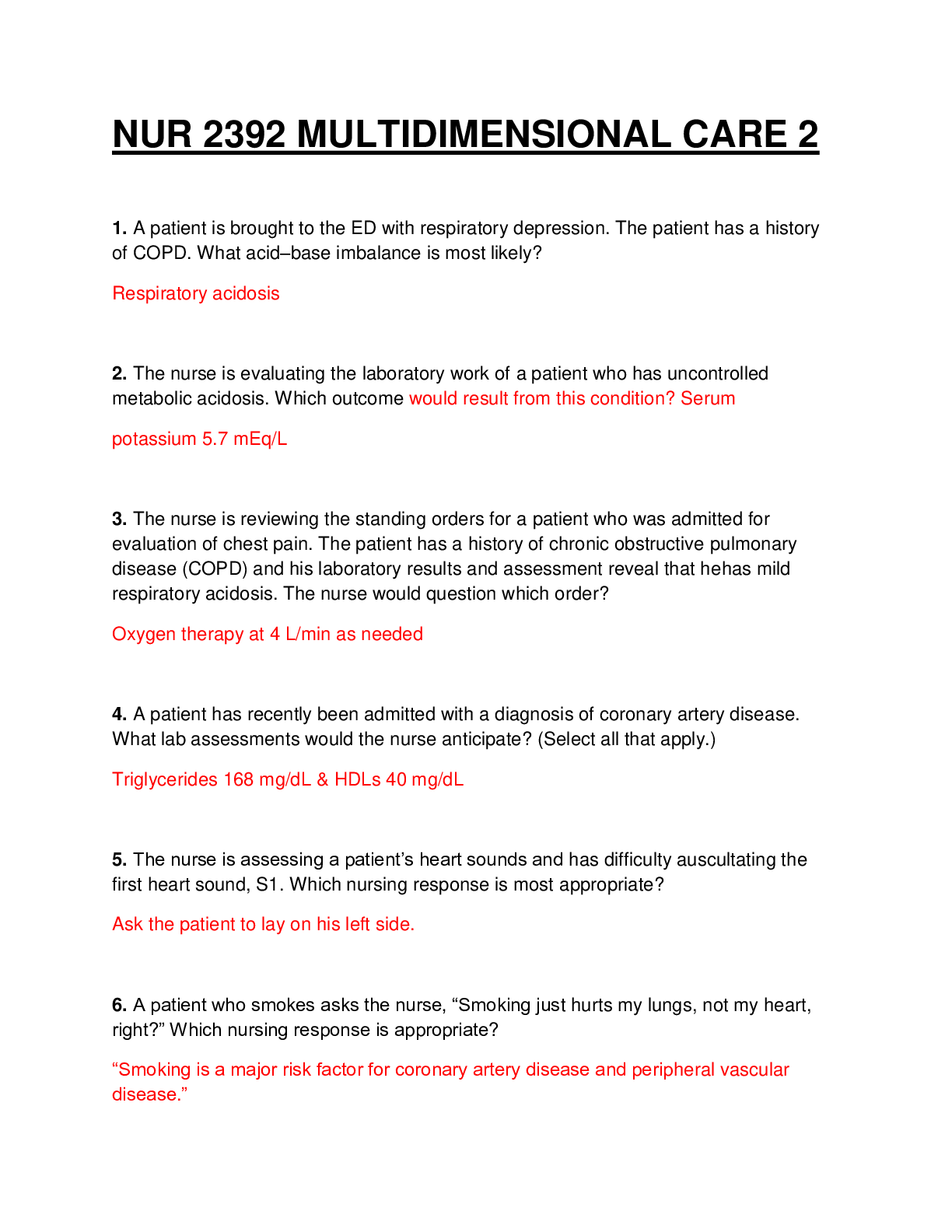 Preview image for NUR 2392 / NUR2392 MULTIDIMENSIONAL CARE 2 EXAM 2. 2022/2023. QUESTIONS WITH ANSWERS.